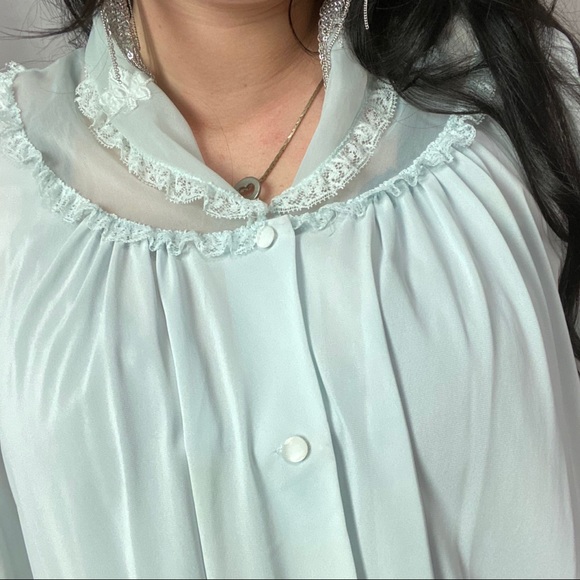 VINTAGE BABY BLUE NYLON EMBROIDERED BLOUSE - Picture 4 of 7